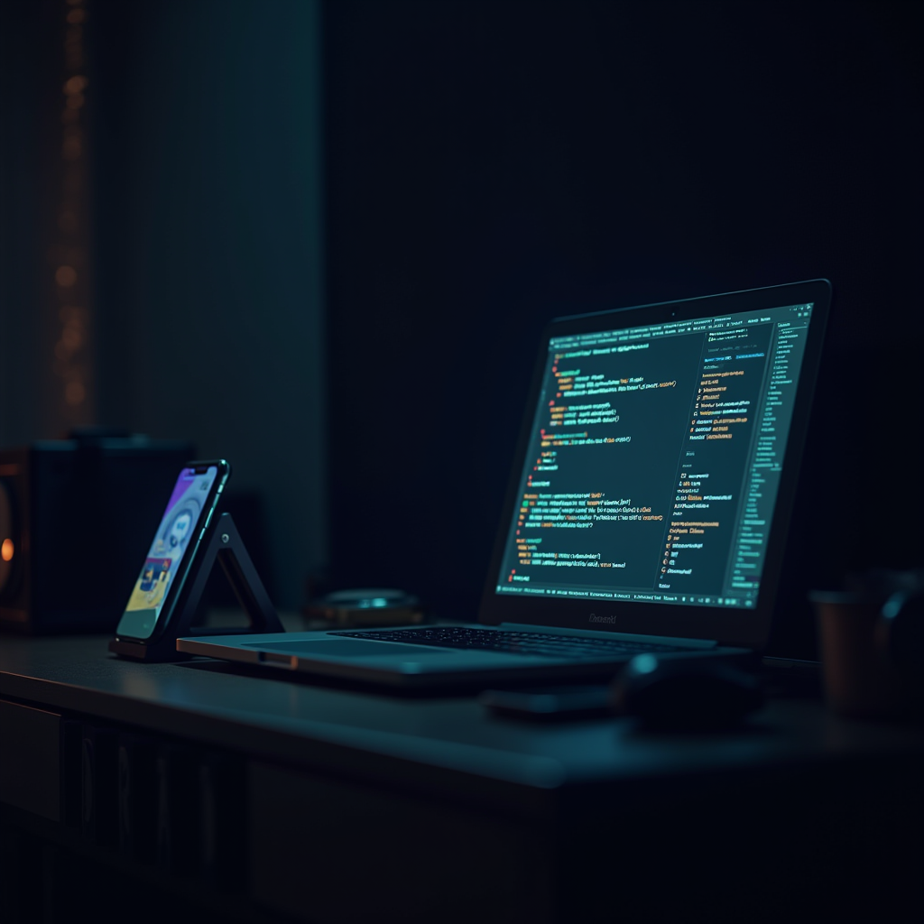 The image features a sleek, modern workspace illuminated by dim, warm lighting. At the center is a laptop displaying a vibrant code editor filled with colorful syntax. The code appears to be well-structured, highlighting functions and variables. Beside the laptop is a smartphone placed on a stand, its screen showing a bright interface, possibly an app or a social media platform. The overall atmosphere suggests focused night-time coding or development work, with a cozy yet minimalist setup. A few objects like a mug and a speaker are visible, adding to the ambiance.