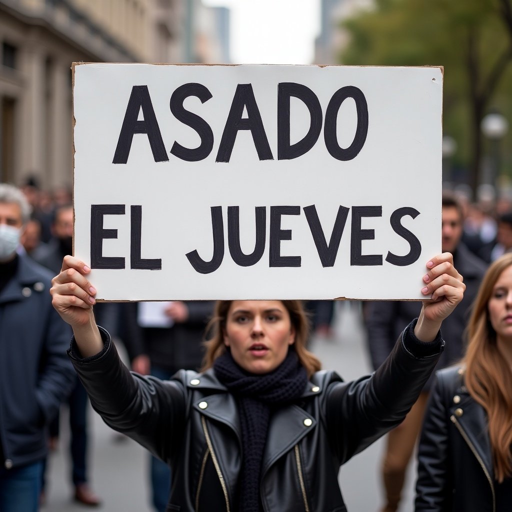 A person holds a sign with the text 'ASADO EL JUEVES'. The setting appears to be outside with other people nearby. The sign is central in the image, emphasizing the message about an event.