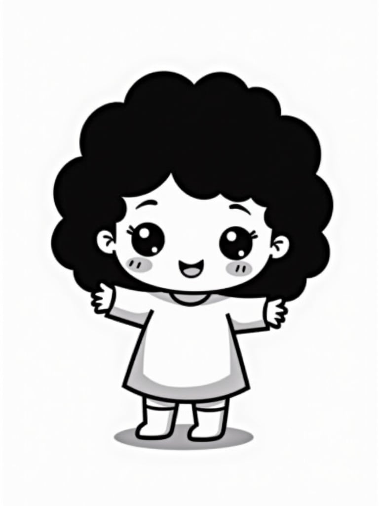 Chibi girl standing with arms open. Simple black and white design. Black curly hair and round head. Cheerful expression with a small body.