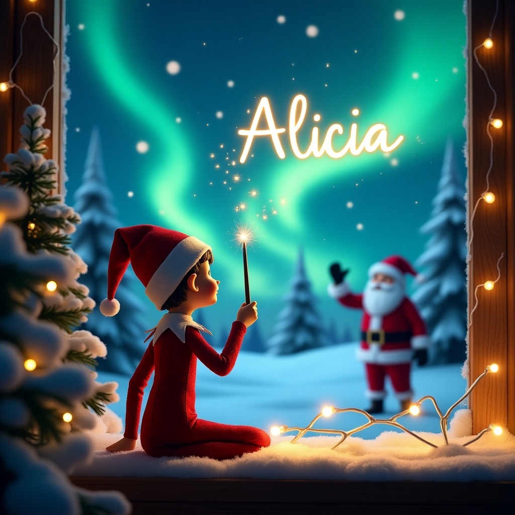 This enchanting Christmas scene features an adorable elf sitting on a shelf, facing the night sky. The elf is using a magical wand to write the name 'Alicia' in sparkling letters. Behind the elf, the northern lights dance beautifully in the sky, illuminating the winter wonderland. Santa Claus is visible in the background, waving cheerfully, enhancing the festive atmosphere. The scene is surrounded by snow-covered trees and warm twinkling lights, creating a joyful holiday mood.