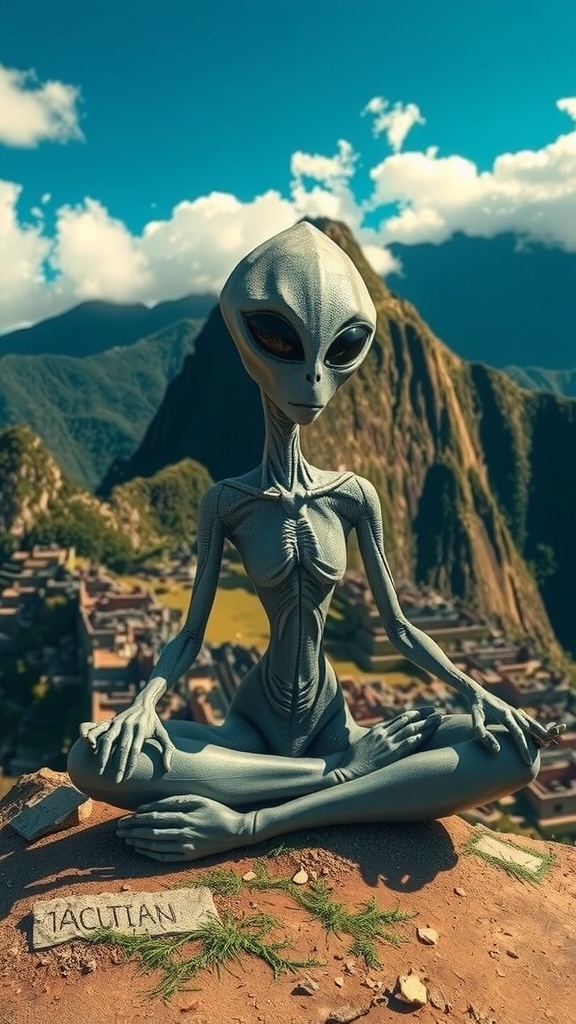 An alien figure sits in a meditative pose above Machu Picchu, blending science fiction with ancient mysticism.