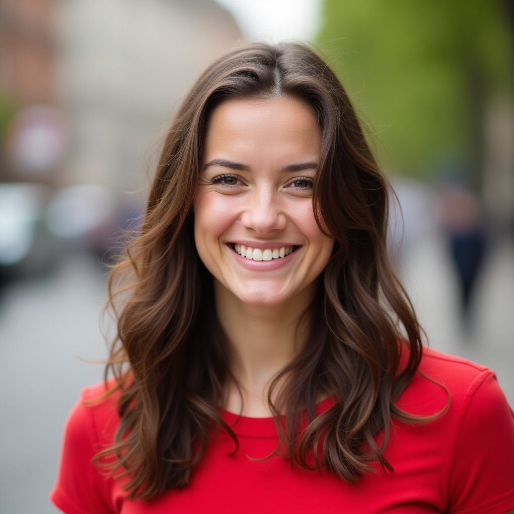 A person with long brunette hair is smiling brightly while wearing a red shirt. The background is blurred to emphasize the subject, set in an outdoor location.