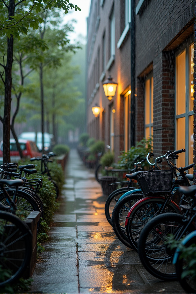 A narrow alleyway lined with bicycles and illuminated by warm street lamps on a rainy evening.