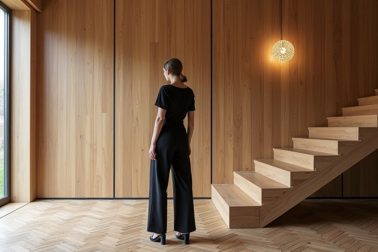 Image features a model standing in an urban outfit. Elegant setting with a wooden wall, herringbone floor, and illuminated wall light. Model poses gracefully by wooden stairs. Captures modern aesthetics and textures.