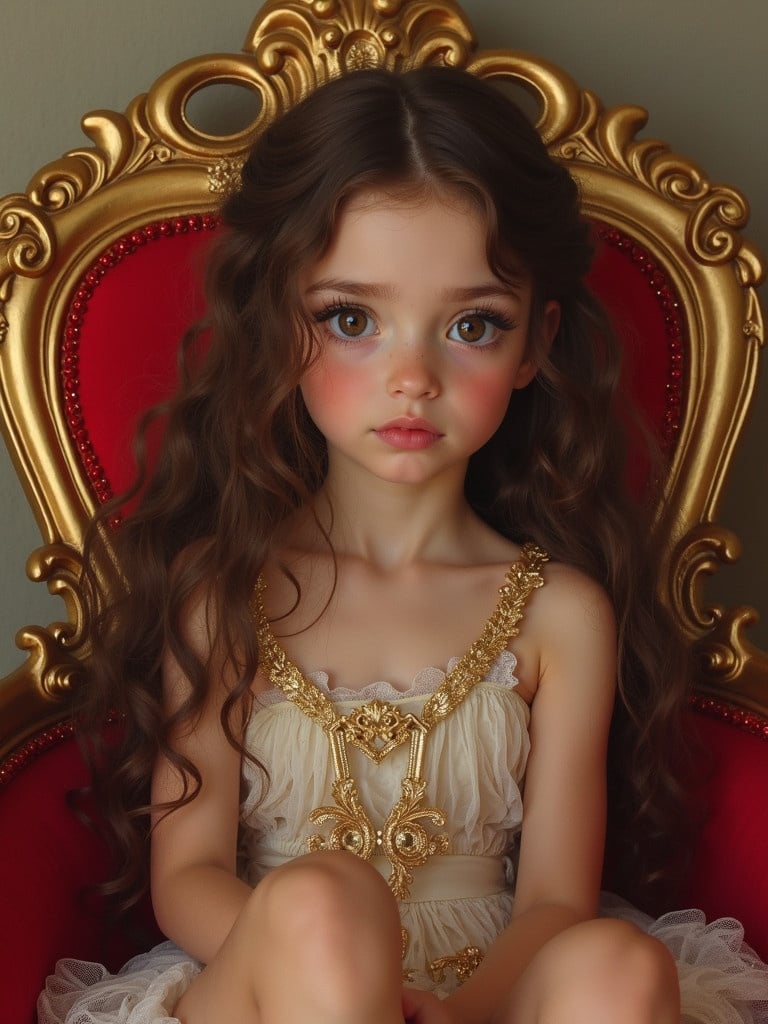 A girl with long wavy brown hair sits on a red and gold chair. She wears a gold and white outfit. The setting is elegant and luxurious. She has long lashes and brown eyes.