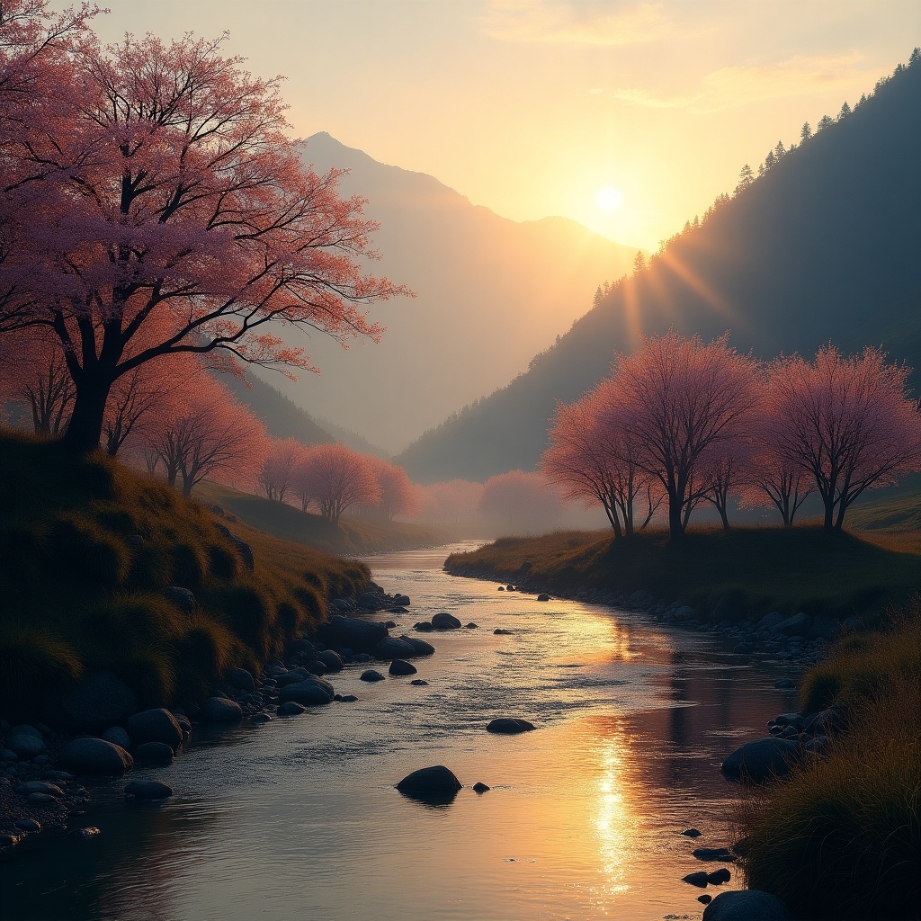 A serene landscape in the Himalayas at sunrise with a river flowing through a valley flanked by cherry trees and mountains capturing the sun rising above the peaks casting a golden glow over the scene reflecting in the water.