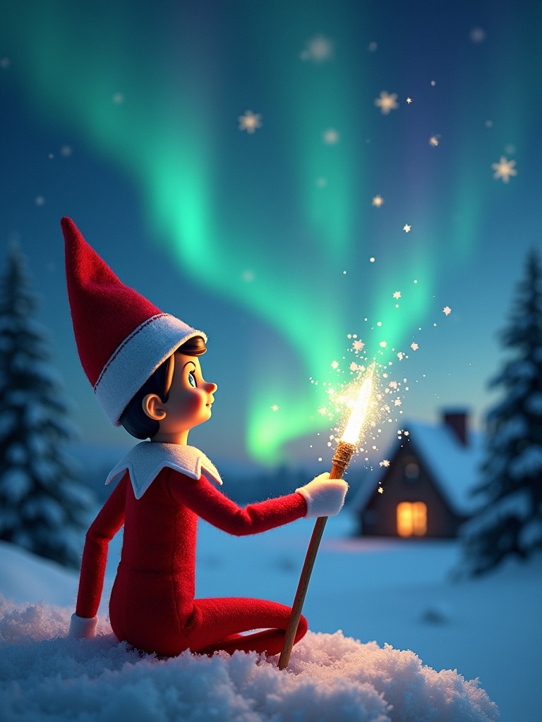 Elf on the shelf gazes at northern lights. Elf holds glowing wand. Christmas scene with snow on the ground. Cozy house in the distance. Name appears in the air from the wand.