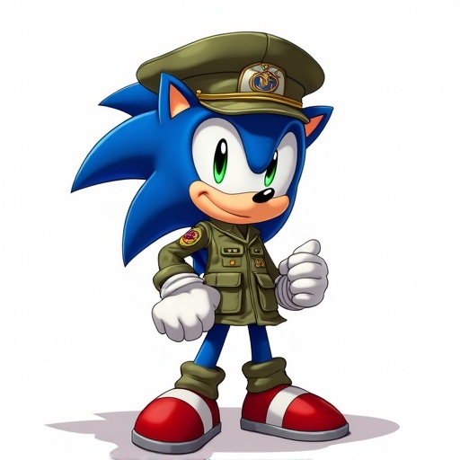 Sonic character wearing a military peaked cap. Sonic dressed in army fatigues. No background. Full-body illustration with positive posture.