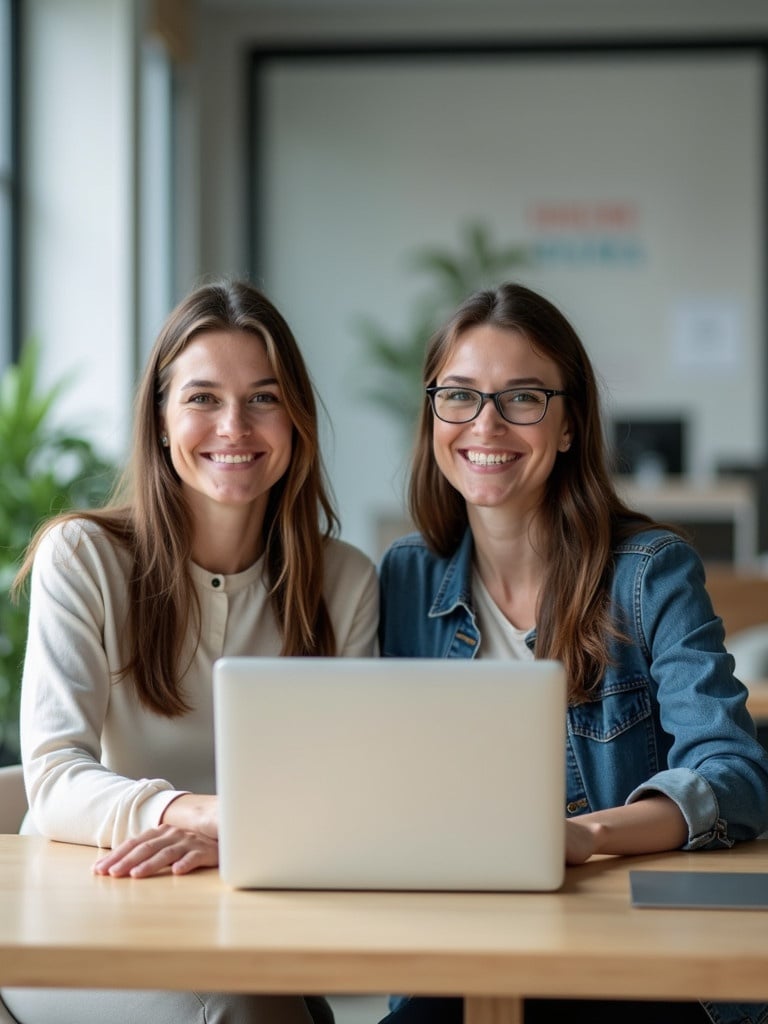 Two women sit at a table with laptops. They smile at the camera. The office is bright and modern. Plants are visible in the background. They are engaged in their work together.