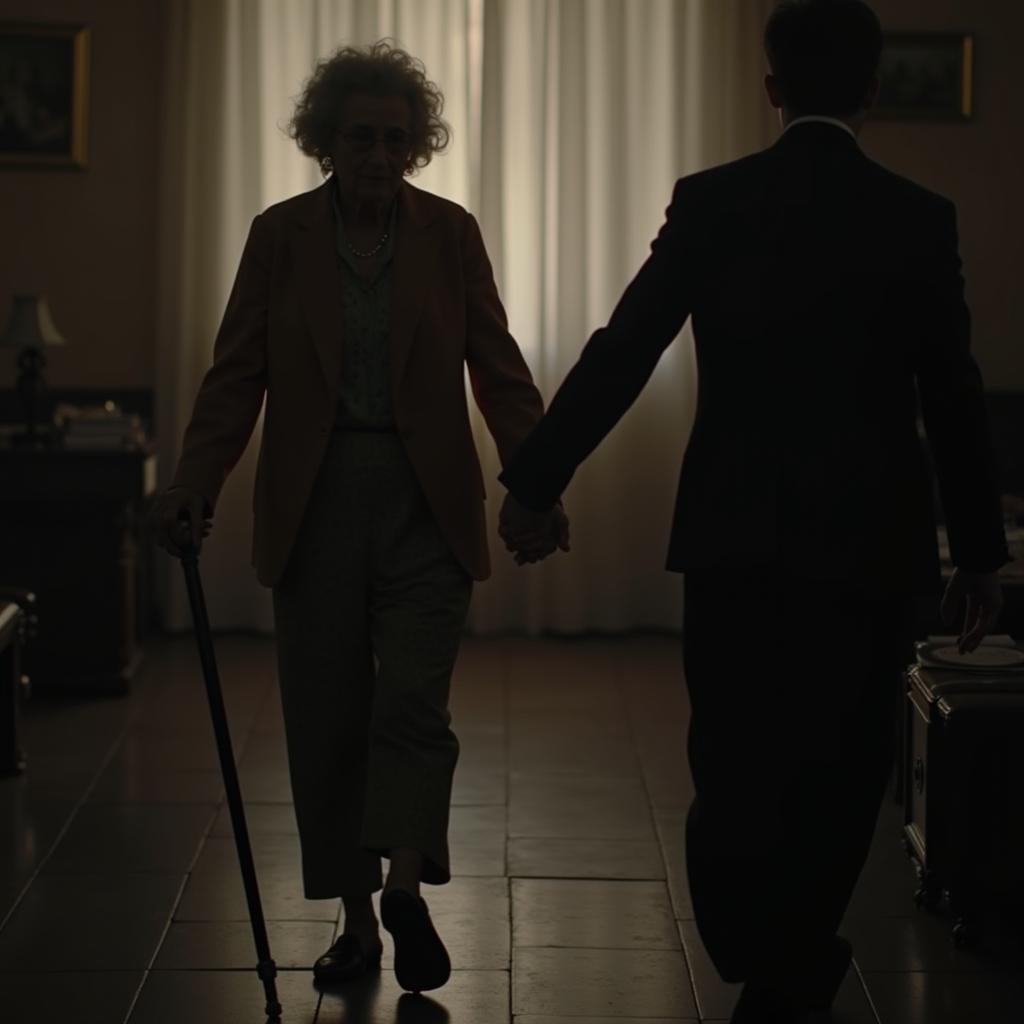 The image depicts an older woman being gently guided by a younger man in a room with subdued lighting. The woman is using a cane in her right hand, suggesting she may need support, while holding the man's hand with her left. She appears to be wearing a stylish outfit, consisting of a light colored shirt, and a dark blazer or cardigan. The man, dressed in a dark formal suit, is leading her confidently. The softly lit background includes curtains that filter in light, creating a warm and intimate ambiance. Artworks can be seen faintly hung on the walls, adding a touch of decor to the scene.