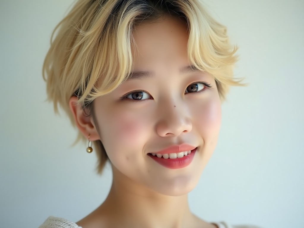 The image features a fresh-looking Korean individual with blonde hair styled in a slightly shorter, messy cut. Their warm smile and natural makeup create a welcoming atmosphere. The soft lighting emphasizes their youthful features and adds a gentle glow to their complexion. This person has an engaging and friendly expression, which draws the viewer in. The pastel background further complements their bright appearance.