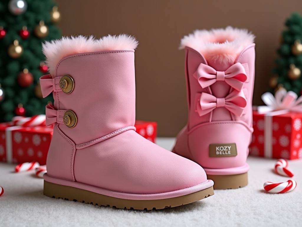 Kozy Belle Pink Leather Ugg Boots Featuring Bows in a Festive Christmas Setting Flux AI Image