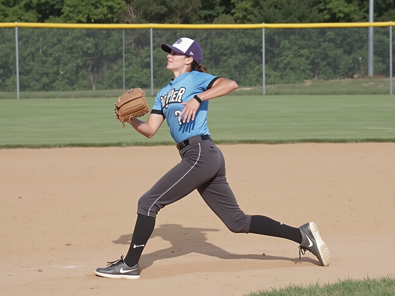 The image depicts a young female athlete in a blue and black softball uniform, centered on a baseball field. She is in mid-motion, completing a throwing gesture while wearing a baseball cap. The surroundings are a soft sandy infield with a bright green outfield in the background. Natural sunlight illuminates the scene, enhancing the vibrancy of her uniform. The image captures the essence of youth sports and athleticism, showcasing an engaging moment in a softball game.