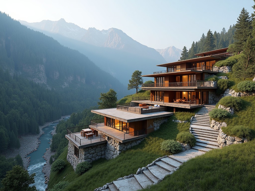 This image showcases a series of modern homes built on a hillside overlooking a lush valley. The houses feature large glass windows and wooden accents, blending seamlessly with their natural surroundings. A river can be seen winding through the dense forest below. The mountains in the background add depth to the scenic view, while the gently sloping lawn and stone pathways enhance the tranquility of the setting. The lighting suggests early morning, giving the scene a peaceful ambience. This architectural design promotes harmony with nature and luxurious outdoor living.