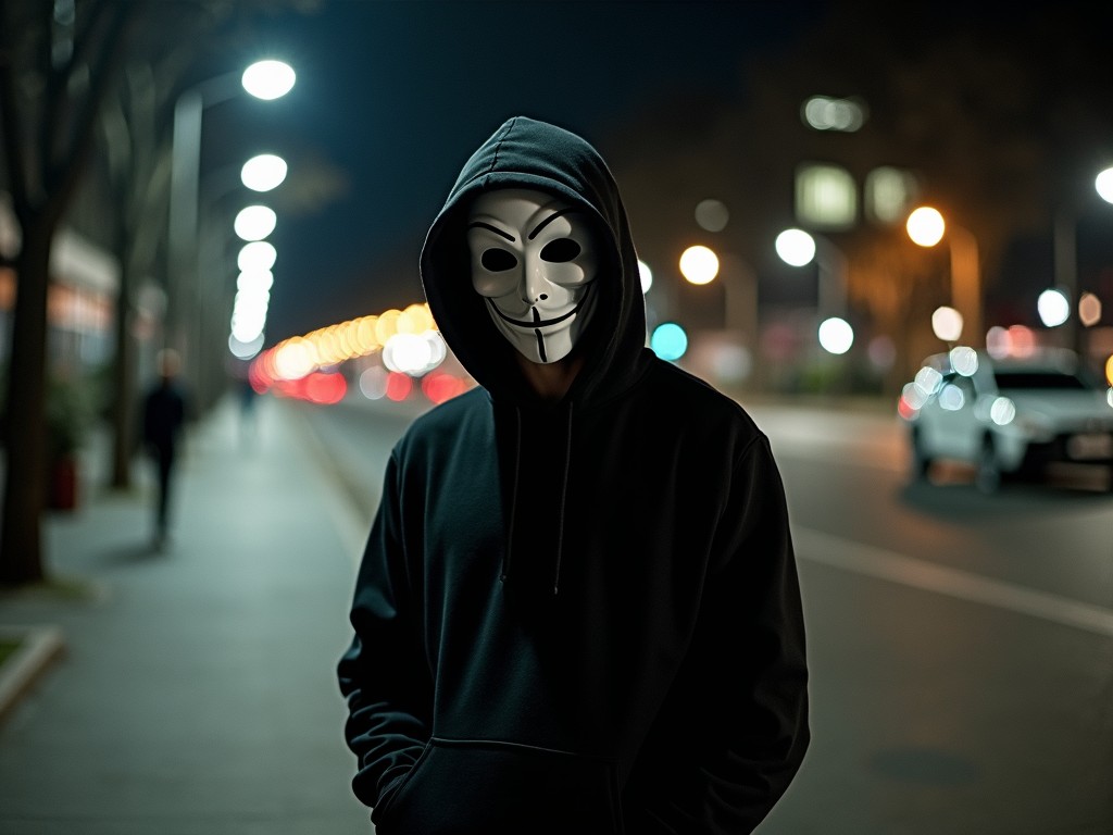 A person wearing a mask and a black hoodie stands on a city street at night. The area is lit by streetlights that create a moody atmosphere. Behind them, blurred lights from passing cars add dynamic energy to the scene. The figure's posture is relaxed but evokes a sense of secrecy. The urban setting suggests themes of anonymity and mystery, typical of nighttime city life.