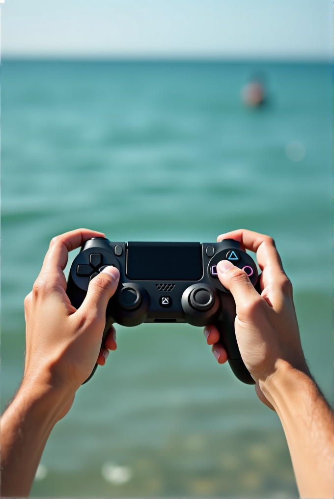 A pair of hands holding a video game controller in front of a beach backdrop.