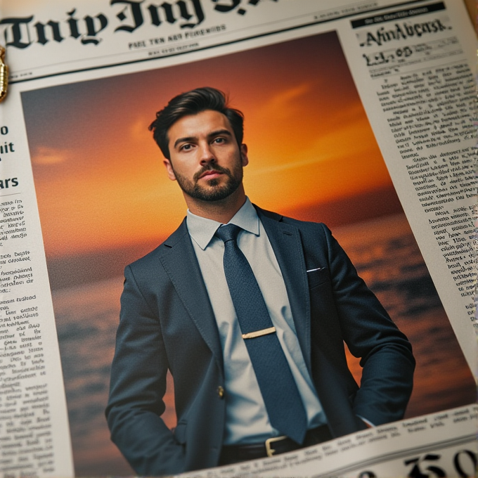 A man in a suit stands against a vibrant sunset backdrop on a newspaper cover.