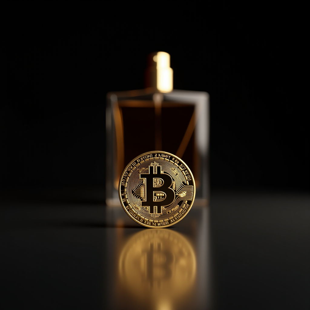 A golden Bitcoin symbol stands in front of a blurred perfume bottle on a dark background.