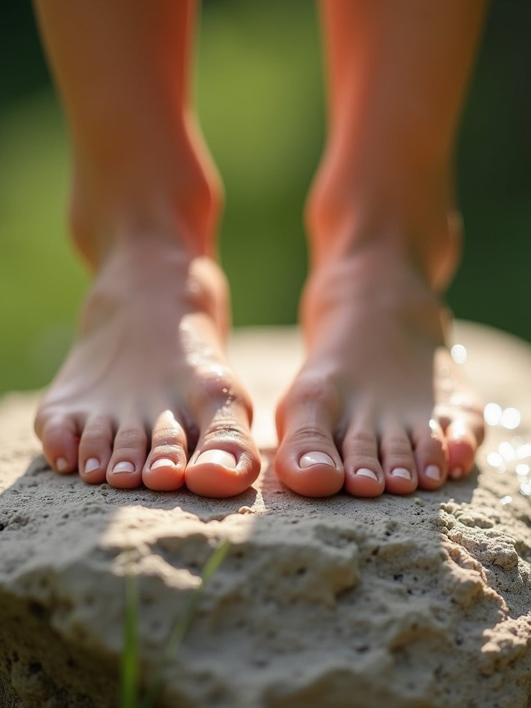 Close-up image of two feet resting on a stone. Focus highlights beautiful soles. Captured in a natural setting with droplets on white skin and sunlight illuminating the scene.