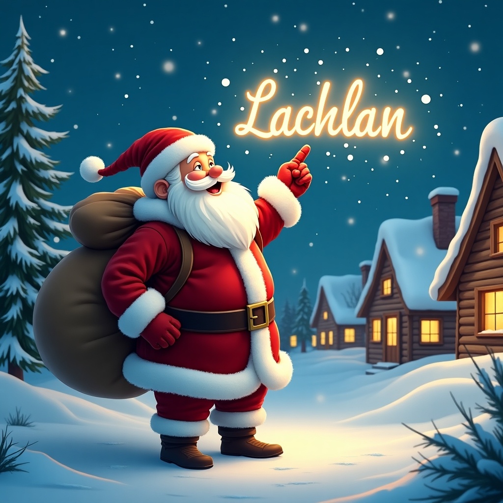 In this enchanting winter scene, Santa Claus stands joyfully in a snowy village. He is dressed in his iconic red suit, complete with a fluffy white beard and a large sack over his shoulder. Santa is pointing up at the sky, where he magically writes the name 'Lachlan' with glowing light. Snowflakes gently fall around him, adding to the festive atmosphere. In the background, charming wooden houses with warm lights are surrounded by evergreen trees. This scene embodies the wonder of the holiday season, inviting feelings of happiness and nostalgia.