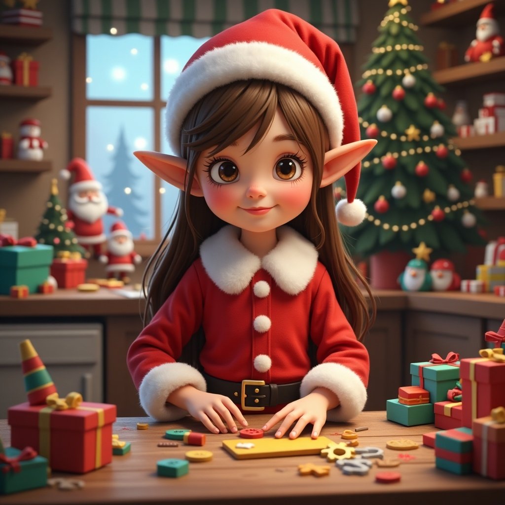 A cute Christmas elf girl in red clothing. She has long brown hair and pointed ears. She is making toys in Santa's workshop. The background features Christmas decorations and a tree.