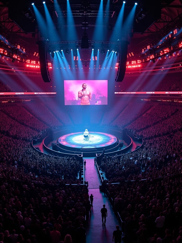 Travis Scott performing at Madison Square Garden on a 360 concert stage. The view shows the T stage catwalk. Audience fills the arena. Dramatic lighting sets the mood. Captured from a drone perspective.