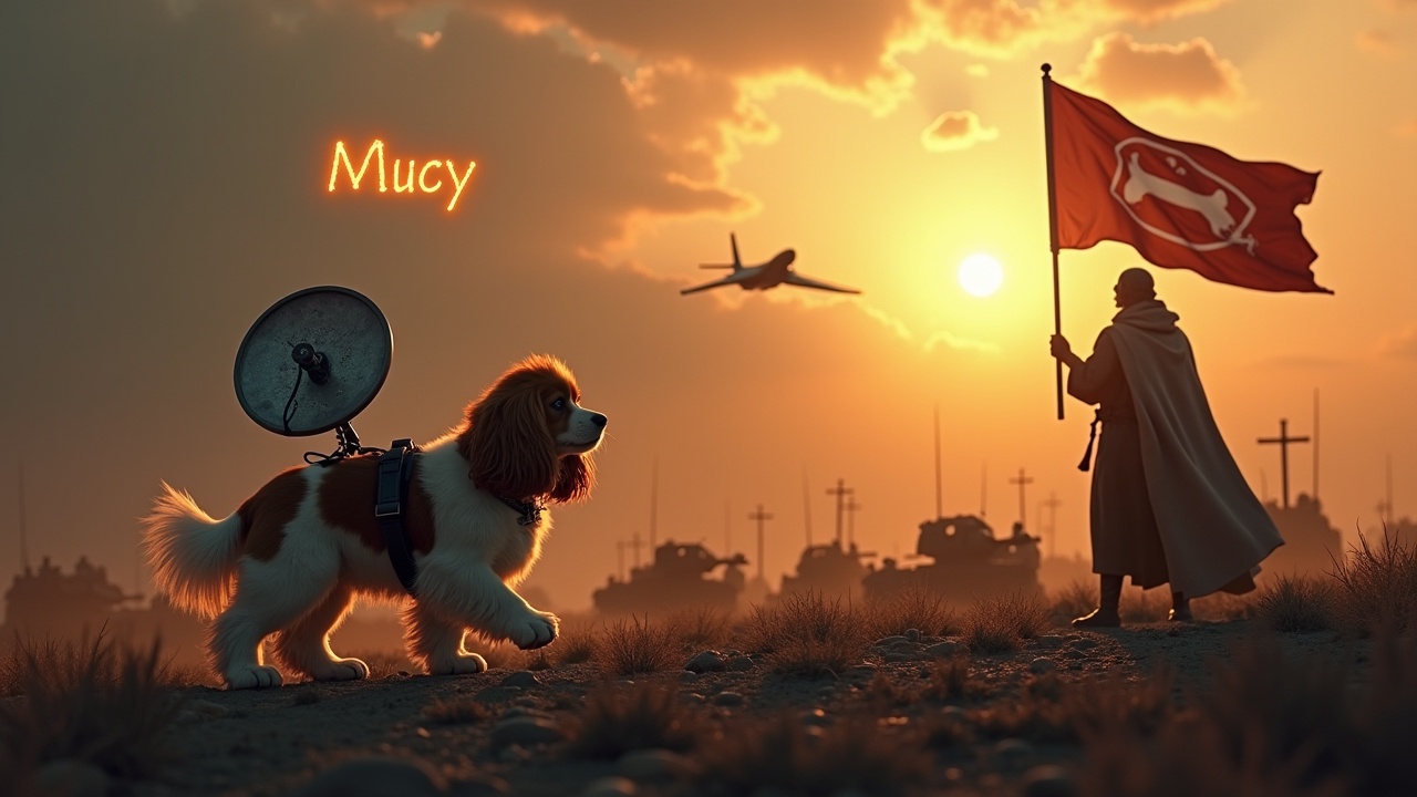 In a gloomy and dark setting, a fluffy brown and white cavalier king charles spaniel walks across a desolate battlefield. It has a radar dish strapped to its back, symbolizing companionship and loyalty. Nearby, a figure wearing a cloak stands valiantly, holding a flag with a dog emblem, representing unity and strength. In the background, a multitude of small soldiers and tanks create a sense of a chaotic yet valiant scene. The bright radiance of the sun contrasts sharply with the dark setting, while a jet fighter passes overhead. The text 'Mucy' is boldly displayed in fiery writing.