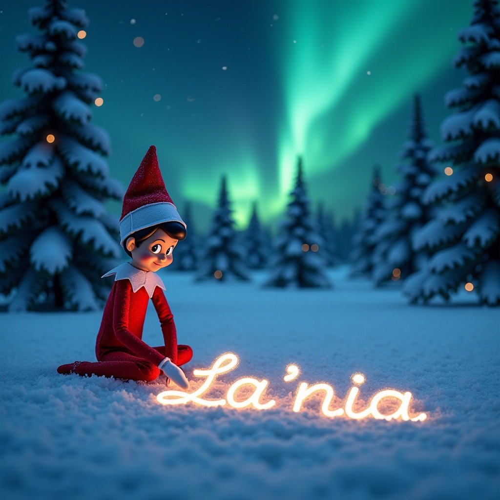 An animated elf from the Elf on the Shelf tradition is sitting in the snow. The elf wears a classic red outfit and writes the name 'La’nia' in the snow. The name is cursive and illuminated. A serene night sky with vibrant northern lights serves as the backdrop. Snow-covered pine trees frame the scene, enhancing the charm and holiday spirit.