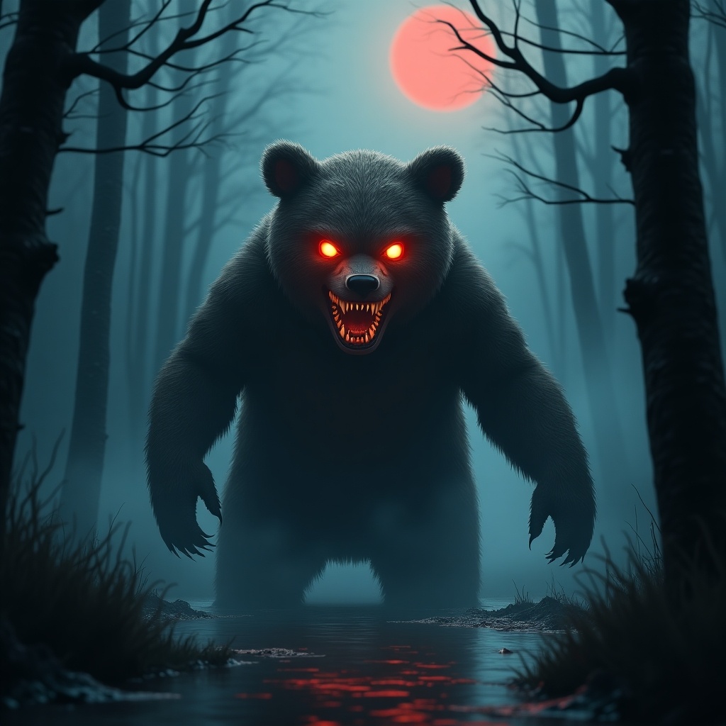 Bear-like character with glowing eyes and a wide grin. Emerging from a misty forest. Spooky atmosphere with a swamp. Red moon rising on the horizon.