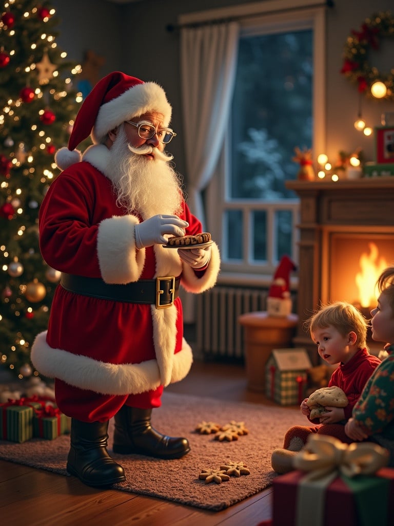 Santa Claus stands inside a home. Christmas tree glows with lights. He holds cookies in front of children. Cozy home environment. Decorations fill the room.