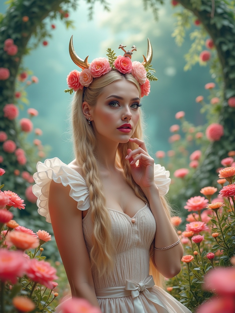 A whimsical woman stands in a dreamlike garden filled with flowers. She wears a floral crown and has antler-like decorations. The background has pastel colored trees and blooms creating a magical atmosphere.