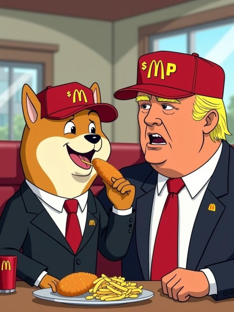 Animated cartoon image. Shiba dog in a black suit and red tie. Red baseball cap labeled $TRP. Dog sitting at a table. Eating McDonald's chicken and chips. Seated next to a man in a suit. Restaurant background. Light-hearted restaurant atmosphere.