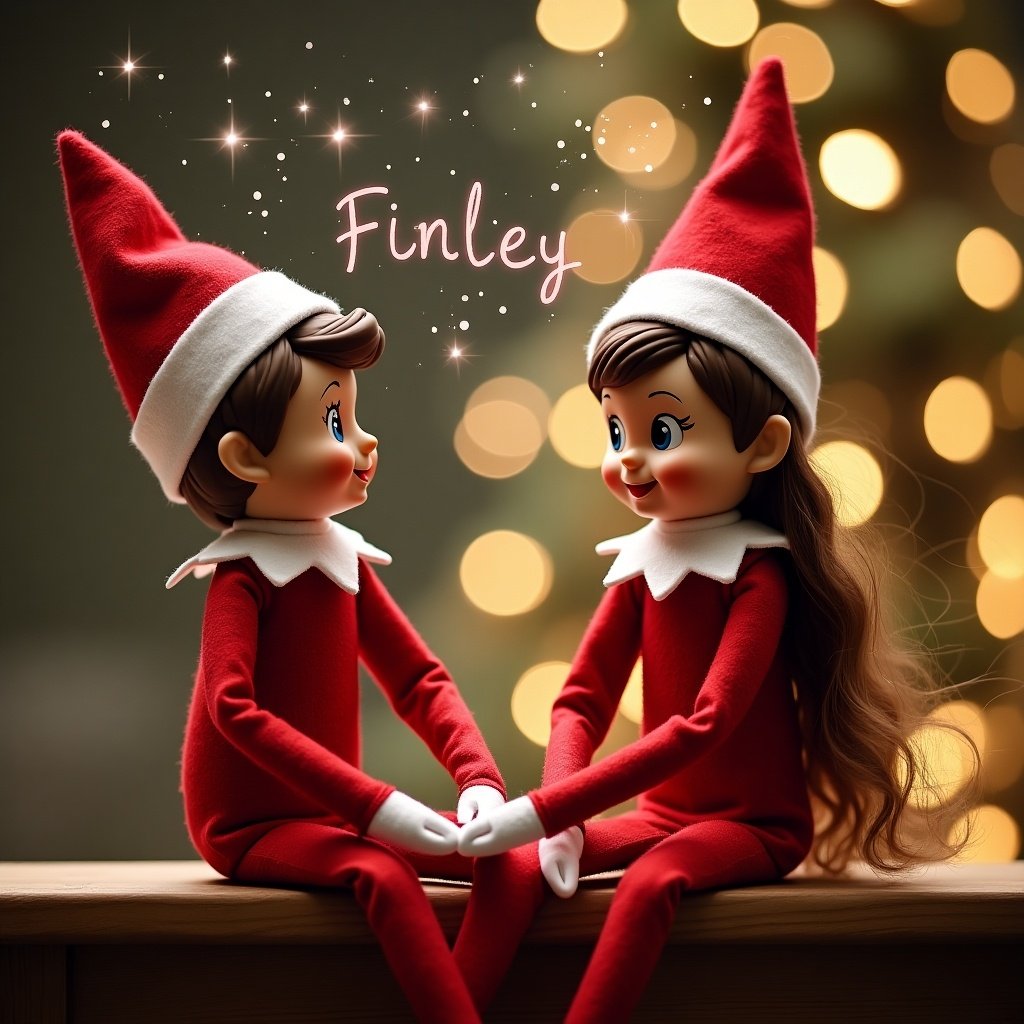 Two elf dolls display festive cheer. One elf has short brown hair and wears traditional Santa attire. Another elf with long brown hair wears a Christmas hat. A sparkly inscription reads Finley above them. Background glows with warm lights.