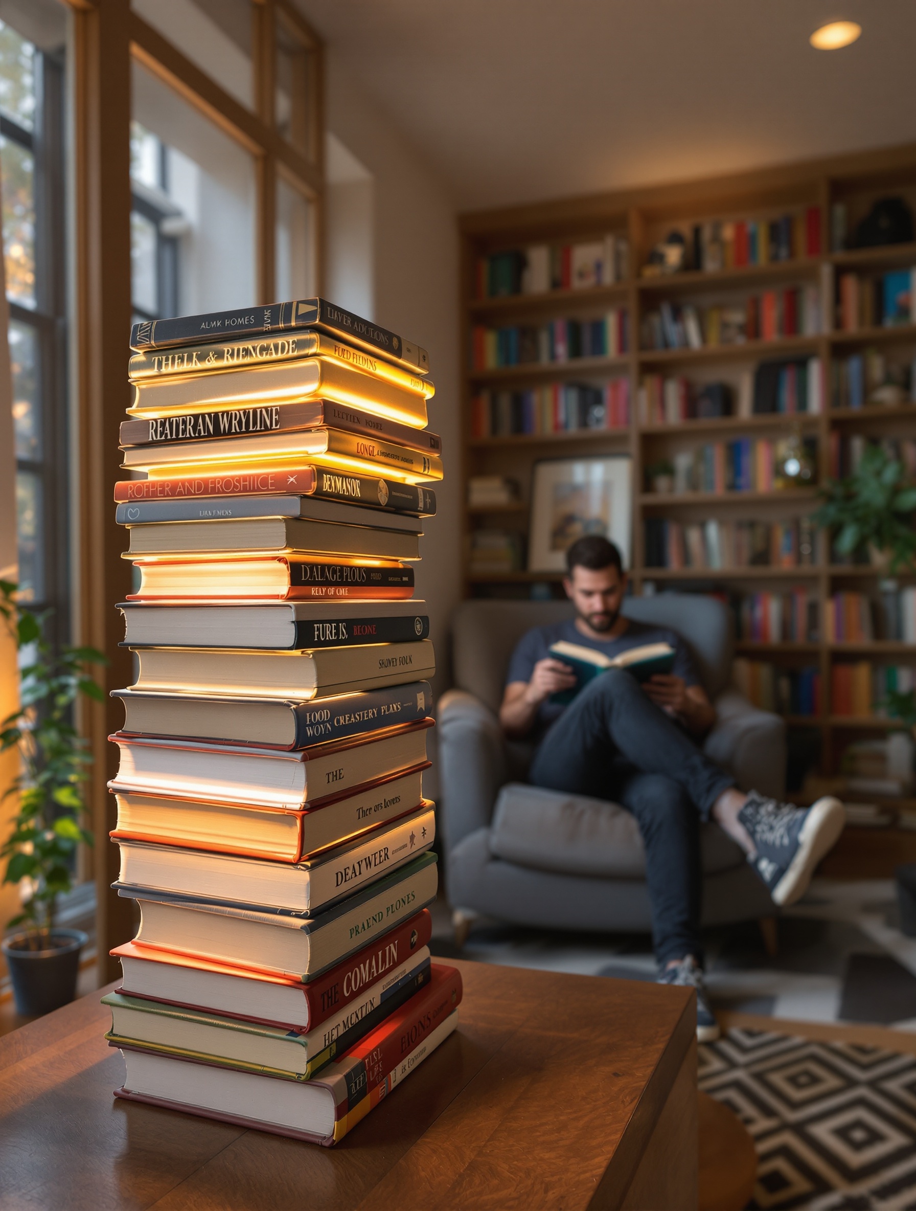 Cozy reading nook. Man is seated in the background reading a book. Stylish lamp made from stacked books illuminates a wooden table. Soft light filters through the windows. Shelves filled with colorful books create an inviting atmosphere.