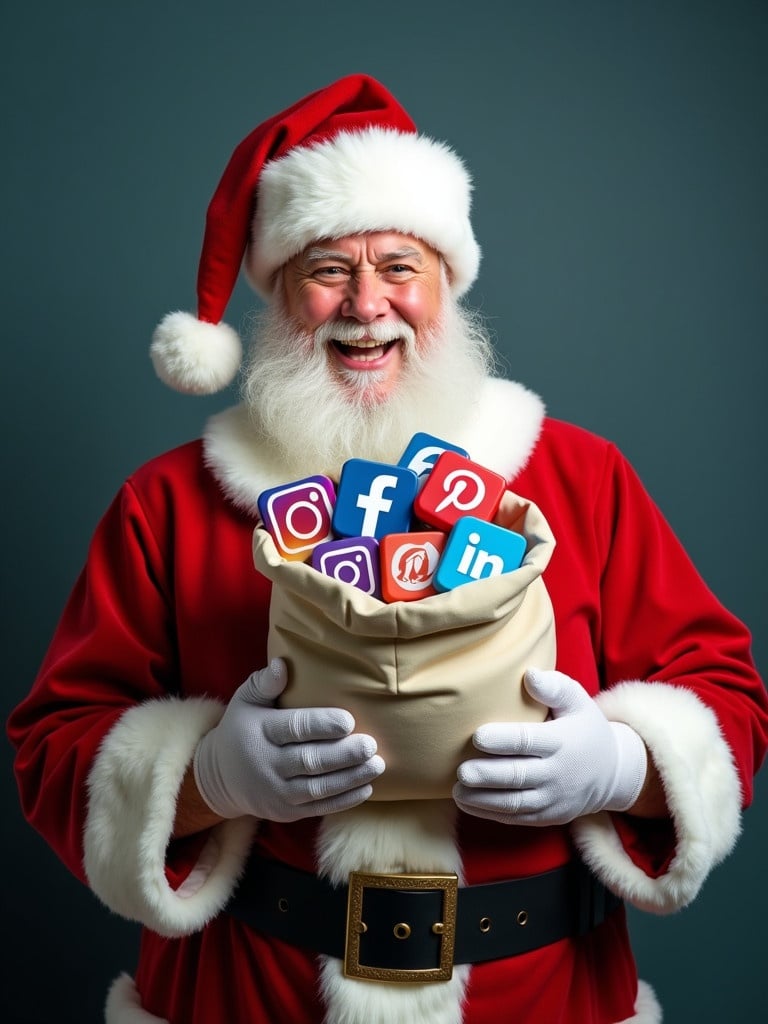 Santa Claus in traditional red suit holding a bag. Bag contains colorful social media icons. Image conveys joyful attitude. Highlights the importance of education for holidays. Santa connects with modern technology.