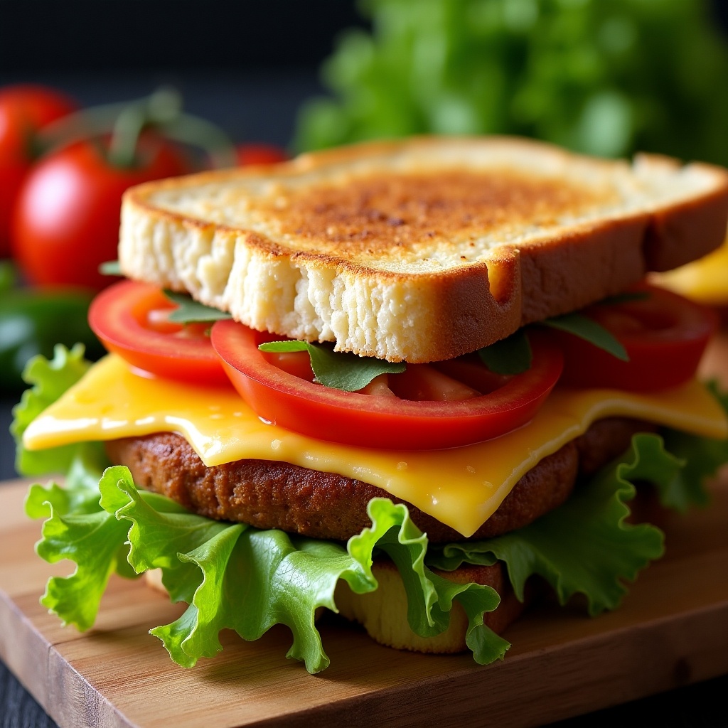 This image features a delicious halloumi and cheese toast sandwich. It showcases layers of melted cheese, fresh iceberg lettuce, and ripe tomato slices. The bread is toasted to a golden brown, adding a crunchy element. Surrounding the sandwich are fresh ingredients, highlighting its freshness. This appealing presentation is perfect for food lovers looking for a tasty vegetarian option.