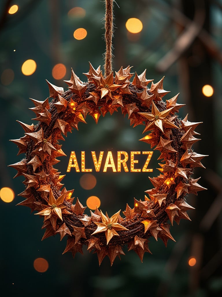 Name ALVAREZ created in a Christmas themed design. Wreath adorned with golden stars and warm fairy lights. Background has a soft focus with holiday vibes.