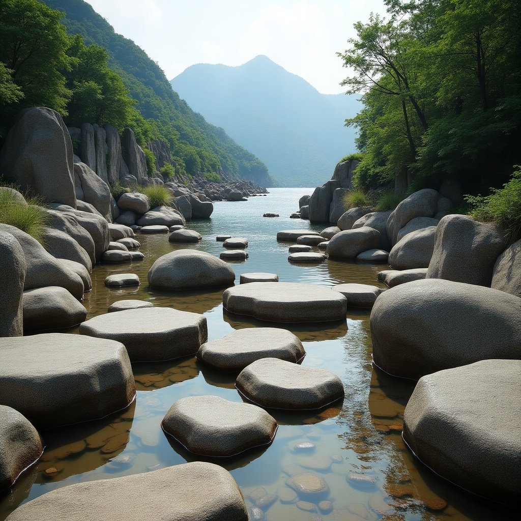 Hexagonal rocks scattered across a calm river in Hong Kong geopark. Lush green trees surround the rocky landscape. Mountains loom in the background under a bright sky. Water reflects the unique shapes of the stones.