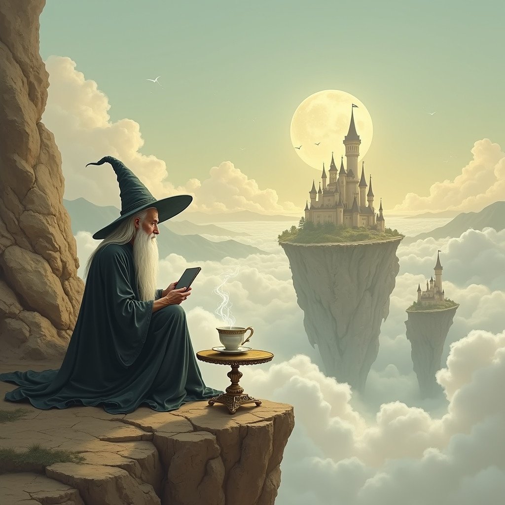 A wizard sits on a cliff edge holding a tablet. A floating castle appears in the sky. Mountains and clouds are in the background. A steaming teacup sits on a nearby ornate table. The scene is dreamlike and ethereal.