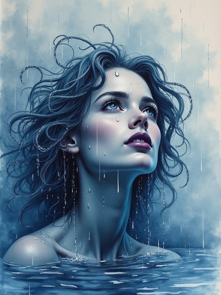 Surreal watercolor portrait of a woman made of water waves. Hair appears as ripples of water. Eyes are grey and stormy looking up. Lips are dark purple. Background shows a heavy storm and rainfall splashing on skin. Dominant colors are muted blue tones.