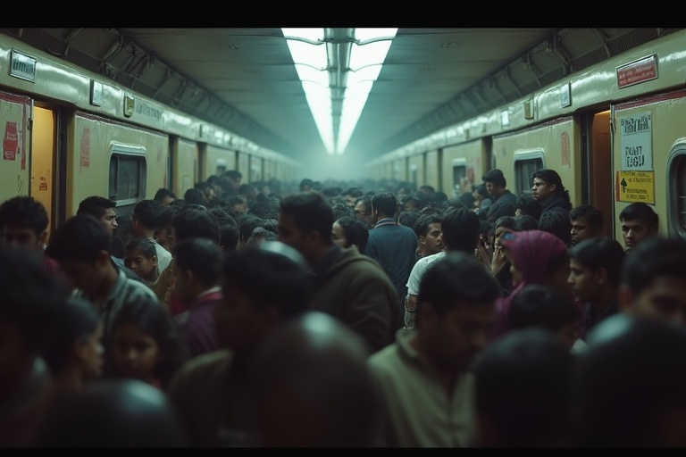 The image shows a crowded Indian train station filled with passengers. People are densely packed within the train compartment. The ambiance is filled with a mix of human faces and body language depicting a lively urban setting.