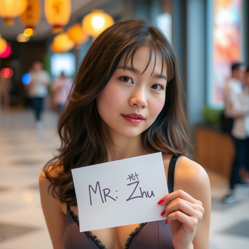 A woman holding a card that reads 'Mr: Zhu', standing in a warmly lit hallway with colorful paper lanterns hanging above.