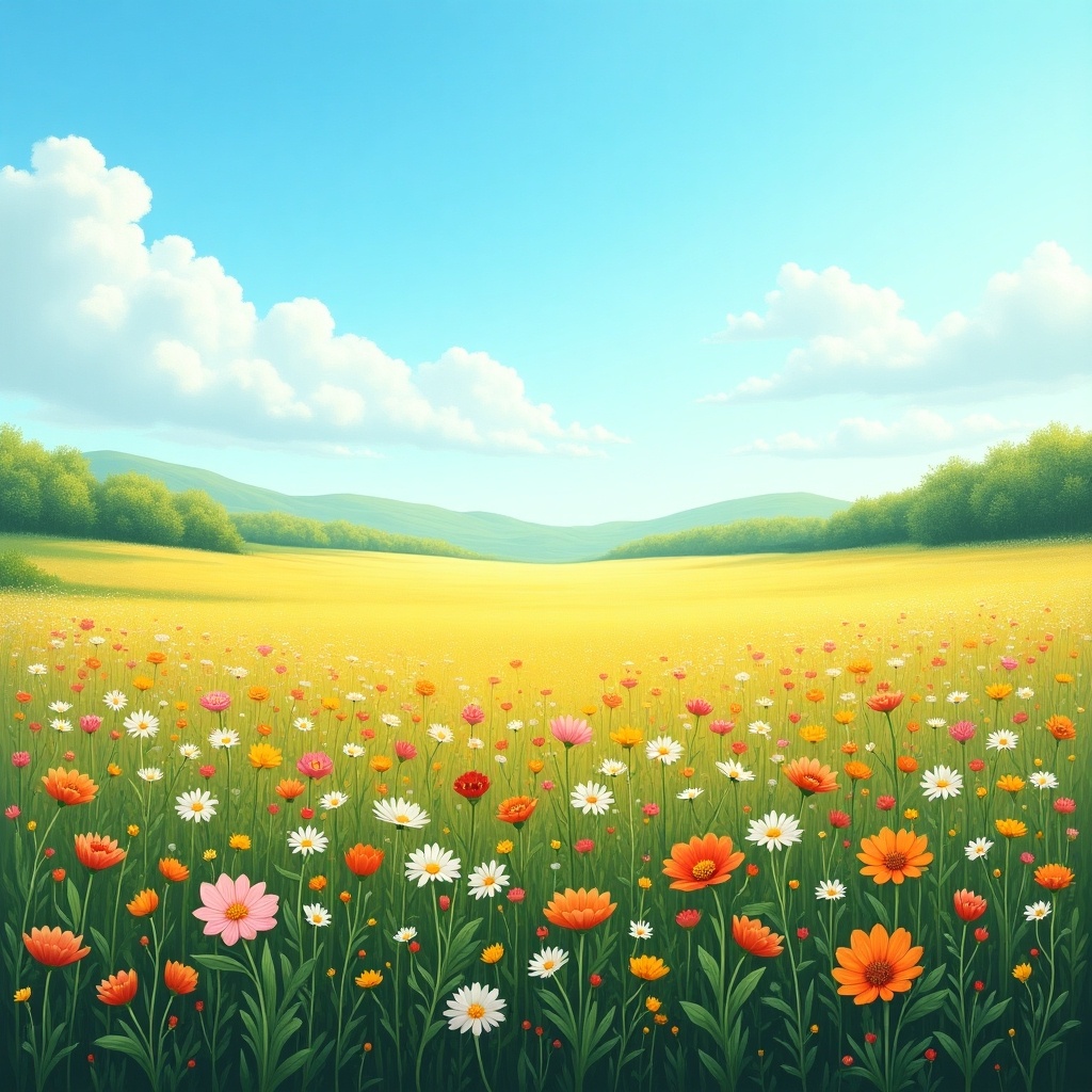 Bright and colorful flower field with a clear blue sky. Flowers in various colors like yellow, orange, pink, and white blossom. A vast golden field stretches toward the horizon with gentle hills in the distance. Soft clouds float in the sky.