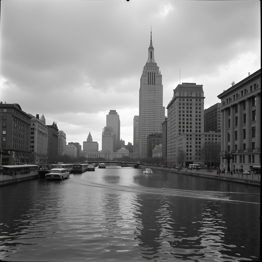 The image showcases a striking view of the Hudson River with the Empire State Building prominently featured. The scene is captured in black and white, enhancing the classic and timeless feel of the New York City skyline. Overcast skies create a moody atmosphere, while the buildings reflect in the calm waters. Numerous boats are docked along the river, adding to the bustling urban vibe. This image evokes nostalgia and admiration for the city's architectural beauty, making it a captivating representation of urban life.