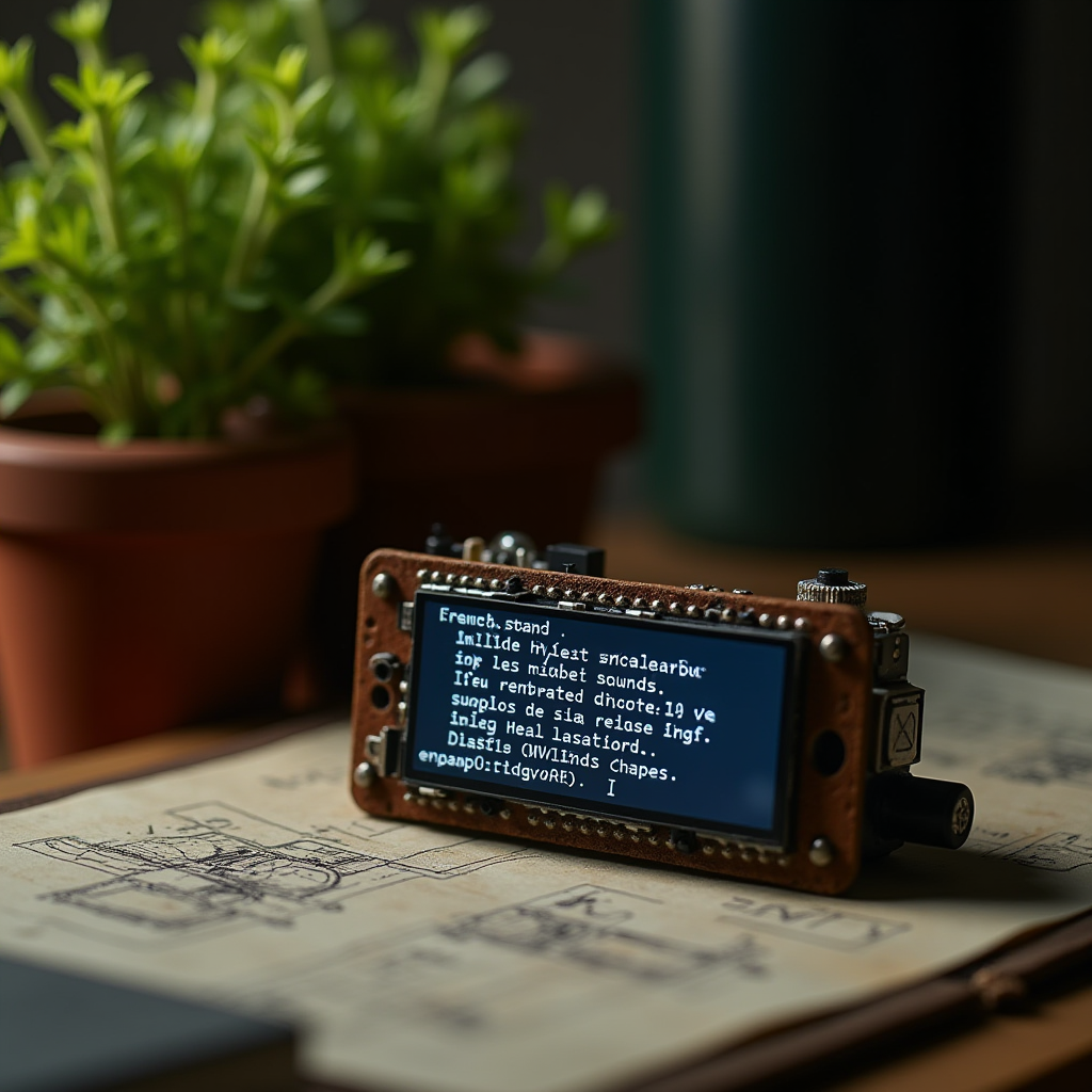 A small electronic device displays code against a cozy backdrop of potted plants.