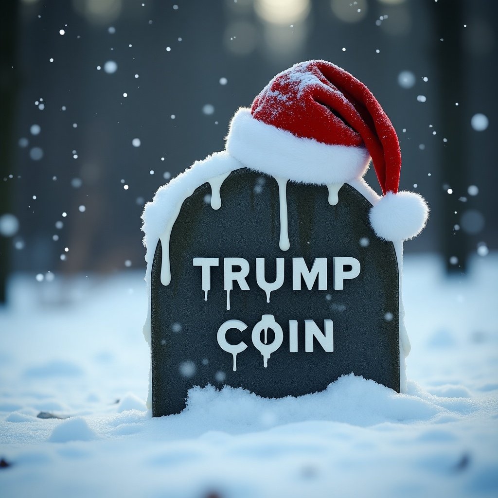 Depicts a snowy grave marked as 'Trump Coin'. A Santa hat rests on the grave while a suspicious white liquid drizzles down. The background features Christmas elements.