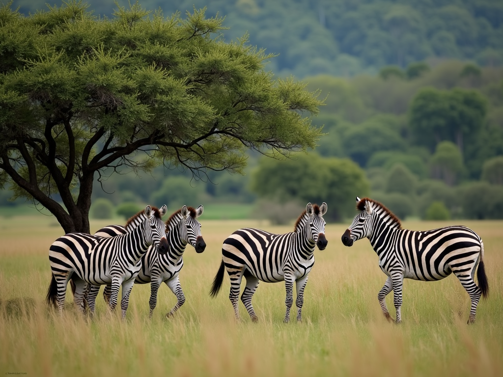 Four zebras stand in a grassy savanna under the shade of an acacia tree with a lush, blurred green forest in the background.