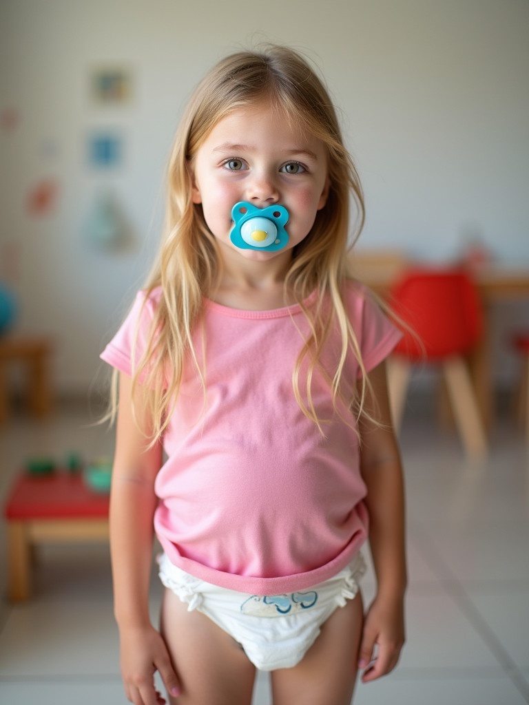 Eight year old girl has long blonde hair. She wears a pink shirt and has a pacifier in her mouth. The girl is standing in a daycare setting. She looks directly at the camera. Diapers are worn under the shirt.