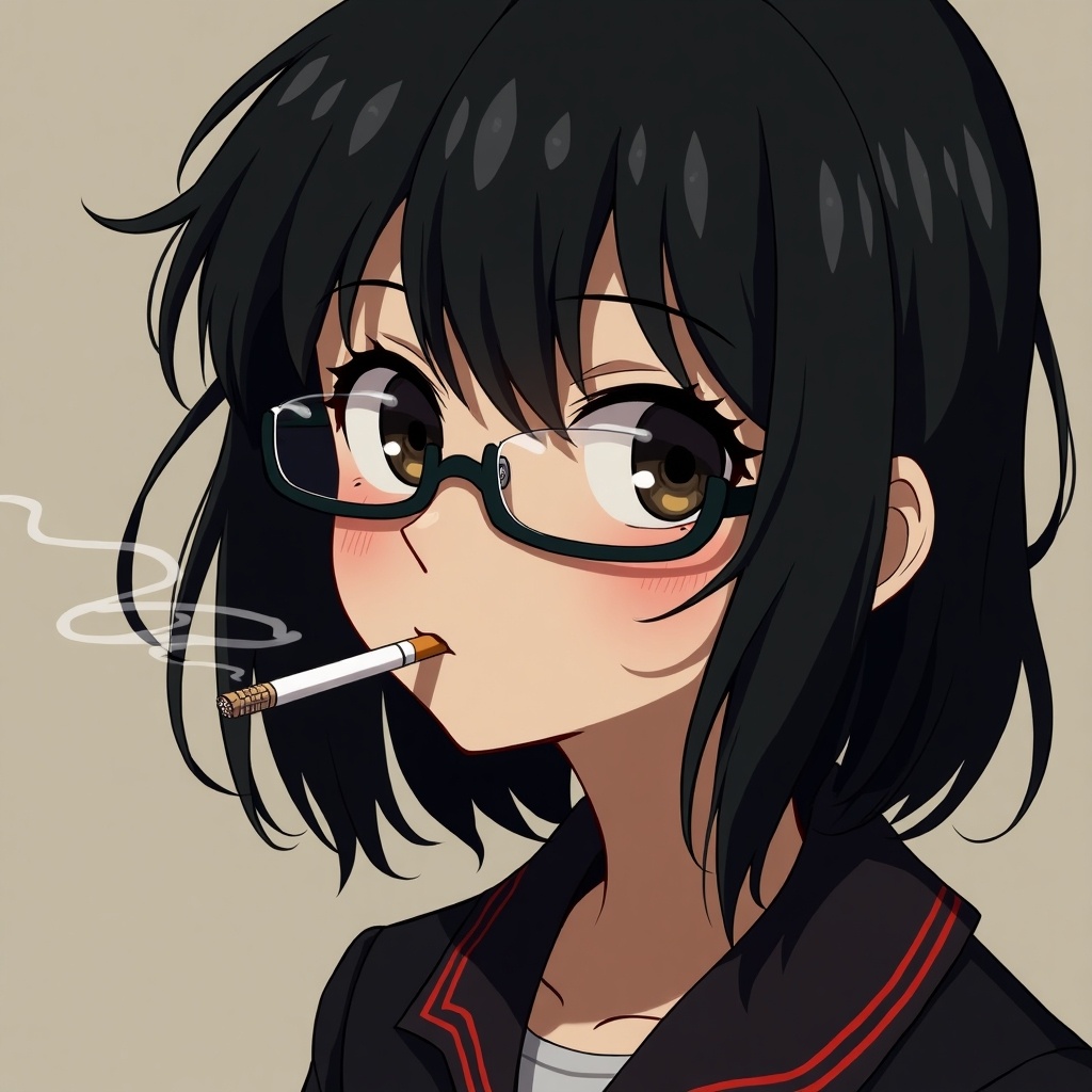 Anime girl with black hair and glasses. Cigarette in mouth. Direct frontal view. Soft lighting.