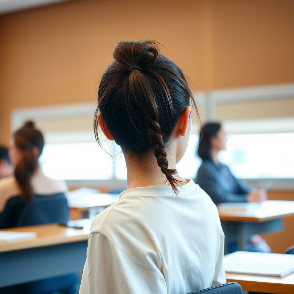 A student sits attentively in a classroom with others blurred in the background.